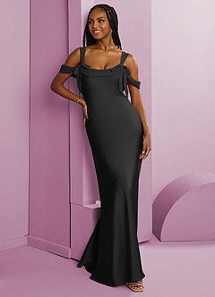 Barbie ♥ Azazie Jurken voor bruidsmeisjes Jurk van Stretch Satijn met Kolom Geplooid Zwart image10