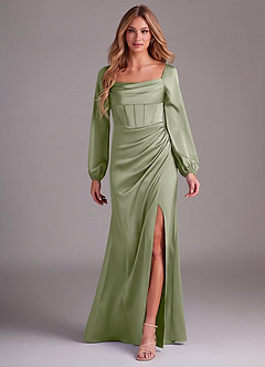 Azazie Charissa Bridesmaid Dresses Pistachio Sheath Long Sleeve Stretch Satin Dress image1