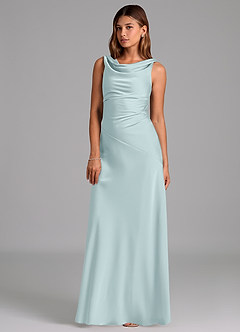 Azazie Nerine 신부 들러리 드레스 A라인 주름진 스트레치 새틴 바닥 길이 드레스 image1