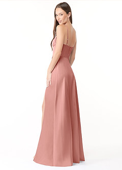 Azazie Halsey Bridesmaid Dresses Rosette Sheath Side Slit Stretch Satin Dress image5