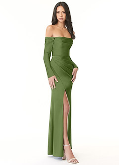 Azazie Hallie Brudtärnklänningar Klänning av Tubklänning i Stretch Satin Off-The-Soulder långärmad Enbärsgrön Konvertibel image5