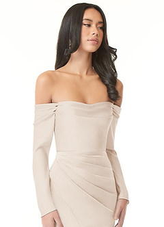 Azazie Hallie Bridesmaid Dresses White Alabaster Sheath Off-The-Shoulder Long Sleeve Stretch Satin Convertible Dress image1