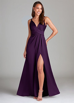 Azazie Maren Allure Bridesmaid Dresses Grape A-Line Lace Stretch Satin Dress image1