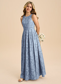 Azazie Bibiane Junior Dusty Blue A-Line Pleated Floral Burnout Dress image4