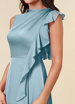 Azazie Narine Mother of the Bride Dresses Moody Blue A-Line High Neckline Pleated Stretch Satin Dress image4