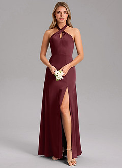 Azazie Tracie Bridesmaid Dresses Cabernet A-Line Side Slit Stretch Satin Dress image1