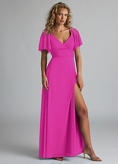 Azazie Induh Bridesmaid Dresses Fuchsia A-Line Flutter V-neck Mesh Dress image3