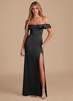 Azazie Saige At-home Try On Dresses Black A-Line Off the Shoulder Metallic Satin Convertible Dress image5