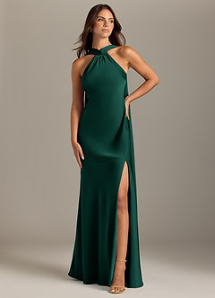 Azazie Kinsley Bridesmaid Dresses Emerald Mermaid Side Slit Stretch Satin Dress image1