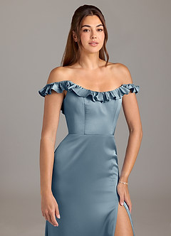 Azazie Callie Vestidos de damas de honor Vestido de Azul Polvoriento de Satén Elástico de Corte en A Convertible con Volante image8