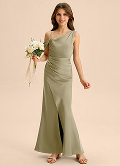 Azazie Madelyn Junior Osłona Zza ramienia Satyna elastyczna Długość podłogi Młodsza druhna Sukienka image1