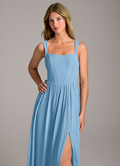 Azazie Rosaline Bridesmaid Dresses Steel Blue A-Line Side Slit Chiffon Dress image2
