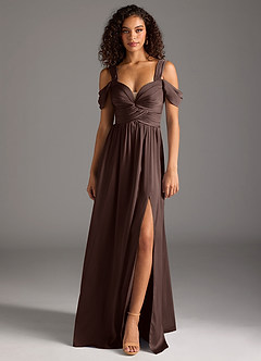 Azazie Lianne Robes de demoiselle d'honneur Robe Trapèze en Satin extensible Épaule décolletée Ganache image8