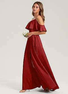 Azazie Jean Bridesmaid Dresses Pomegranate A-Line Off the Shoulder Stretch Satin Dress image5