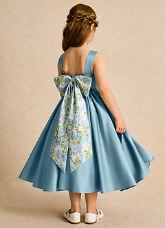 Azazie Doodlebug Flower Girl Dresses Moody Blue A-Line Bow Matte Satin Dress image3