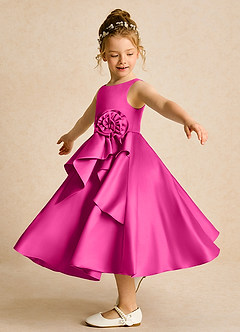 Azazie Hermia Robe Demoiselle D'honneur Fillette Robe Trapèze en Mat Satiné Sans manches Fuchsia image3