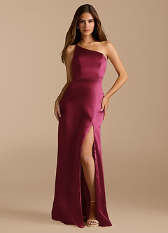 Azazie Trina Bridesmaid Dresses Burgundy A-Line One Shoulder Metallic Satin Dress image3