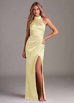 Azazie Jemma Bridesmaid Dresses Lemon Sorbet Sheath Pleated Stretch Satin Dress image1