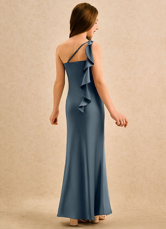 Azazie Almond Girls Formal Sukienki dla dziewczynek sypiących kwiaty Osłona Jedno ramię Satyna elastyczna Długość podłogi Sukienka image1