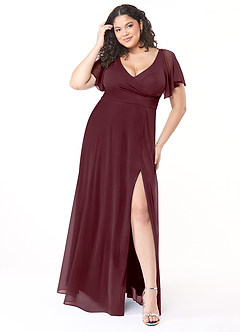 Azazie Induh Brautjungfernkleider A-Linie Flattert V-Hals Gittergewebe Kleid Cabernetrot image7