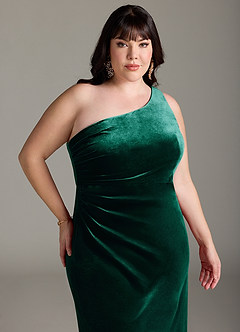 Azazie Argan Bridesmaid Dresses Emerald A-Line One Shoulder Pleated Velvet Dress image12
