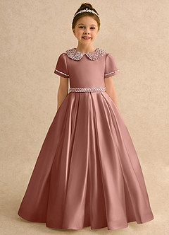 Azazie Gabriella Flower Girl Dresses Cedar Rose Ball-Gown with Sleeves Matte Satin Dress image4
