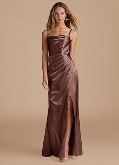 Azazie Marzia Bridesmaid Dresses Espresso Mermaid Pleated Metallic Satin Dress image4