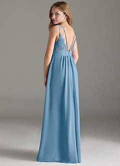 Azazie Maren Allure Junior Vestido de Azul Acero de Gasa de Corte en A con Encaje image2