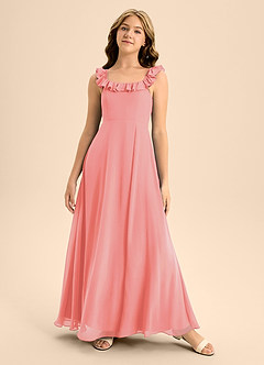 Azazie Callie Junior Abito A-Line in Chiffon Increspato Corallo image5