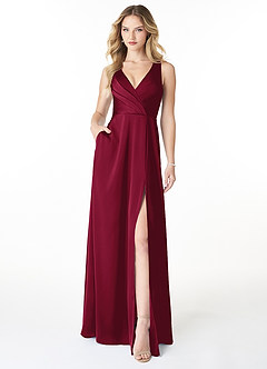 Azazie Nelly Bridesmaid Dresses Burgundy A-Line V-Neck Pleated Stretch Satin Dress image1