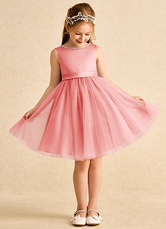 Azazie Jani Flower Girl Dresses Coral A-Line Bow Tulle Dress image2