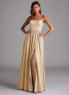 Azazie Calianna Bridesmaid Dresses Champagne A-Line Off the Shoulder Stretch Satin Convertible Dress image1