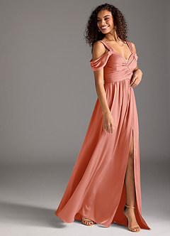 Azazie Lianne Bridesmaid Dresses Coral A-Line Off the Shoulder Stretch Satin Dress image6