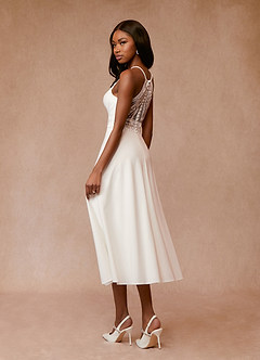 Azazie Minerva Wedding Dresses A-Line Sequins Stretch Crepe Tea-Length Dress image4