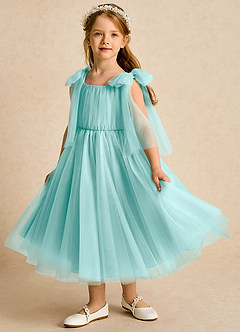 Azazie Dori Robe Demoiselle D'honneur Fillette Robe Trapèze en Tulle Rayé Aqua image5