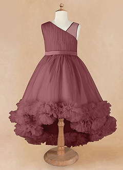 Azazie Lottie Flower Girl Dresses Desert Rose A-Line One Shoulder Satin Dress image5