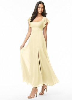 Azazie Bondi Robes de demoiselle d'honneur Robe Trapèze en Mousseline de soie Rayé Sorbet Citron image3