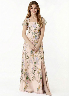 Azazie Bondi Junior Formal Klä av A-Line i 3D blommig broderad spets Rynkad image1