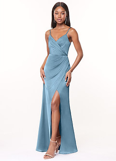 Azazie Maci Bridesmaid Dresses Steel Blue A-Line V-Neck Pleated Stretch Satin Dress image3