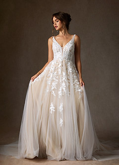 Azazie Sorella Wedding Dresses Diamond White Champagne A-Line V-Neck Sequins Tulle Dress image6