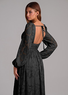 Azazie Norah Bridesmaid Dresses Black A-Line Long Sleeve Floral Burnout Dress image2