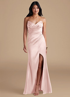 Azazie Yola Robes de demoiselle d'honneur Robe Fourreau en Satiné métallisé Plissée Rose Pâle image1