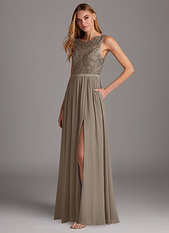 Azazie Elly Bridesmaid Dresses Taupe A-Line Lace Scoop Neck Chiffon Dress image1