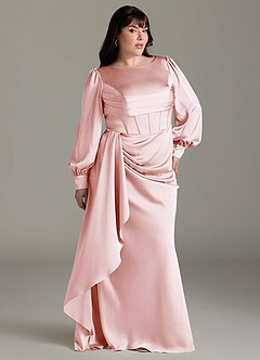 Azazie Raye Bridesmaid Dresses Blushing Pink Mermaid Long Sleeve Stretch Satin Dress image9