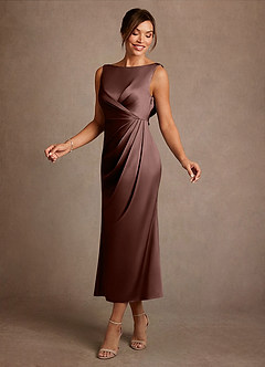 Azazie Mazhe Mother of the Bride Dresses Espresso A-Line Pleated Stretch Satin Dress image3