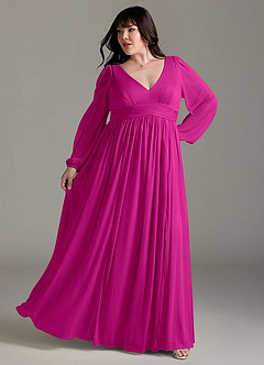 Azazie Norah Bridesmaid Dresses Fuchsia A-Line V-Neck Long Sleeve Chiffon Dress image8