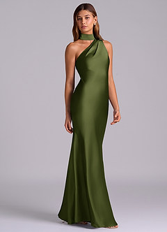 Azazie Seona Bridesmaid Dresses Olive Mermaid One Shoulder Stretch Satin Dress image5