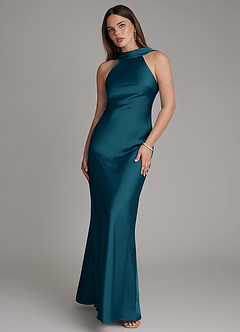 Azazie Dimitra Bridesmaid Dresses Ink Blue A-Line Pleated Stretch Satin Dress image1