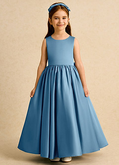 Azazie Nellia vestidos de niña de las flores Vestido de Azul Acero de Satin Mate de Corte En A con Lazo image2