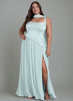 Azazie Stephanie Vestidos de damas de honor Vestido Vidrio Marino de Satén Elástico de Línea A con Plisado image15